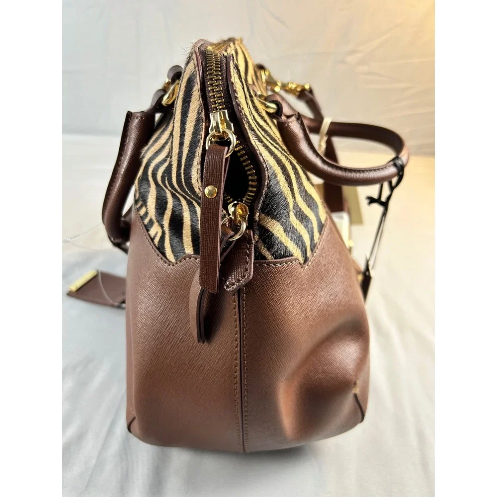IACUCCI Italy Brown Leather‎ Zebra Print Calf Hair Satchel Handbag 1081RD NWT